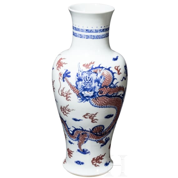 A large Chinese blue and white and copper red dragon vase with Chengua six-character mark, 20th century