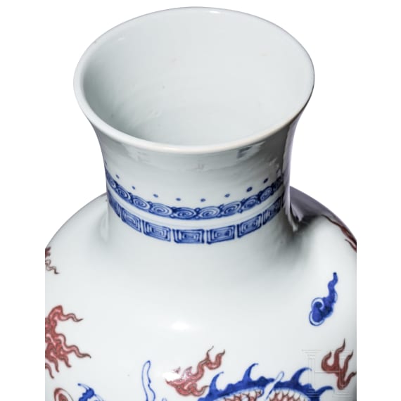 A large Chinese blue and white and copper red dragon vase with Chengua six-character mark, 20th century