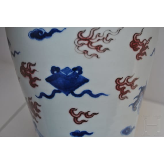 A large Chinese blue and white and copper red dragon vase with Chengua six-character mark, 20th century