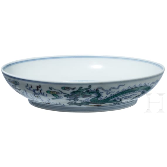 A Chinese Doucai-dragon dish with Yongzheng six-character mark, 20th century