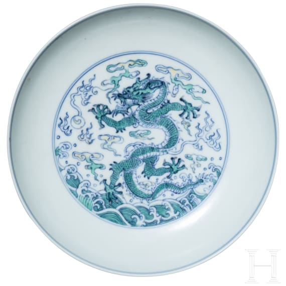 A Chinese Doucai-dragon dish with Yongzheng six-character mark, 20th century