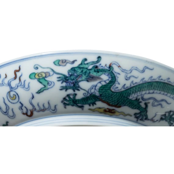 A Chinese Doucai-dragon dish with Yongzheng six-character mark, 20th century