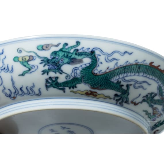 A Chinese Doucai-dragon dish with Yongzheng six-character mark, 20th century