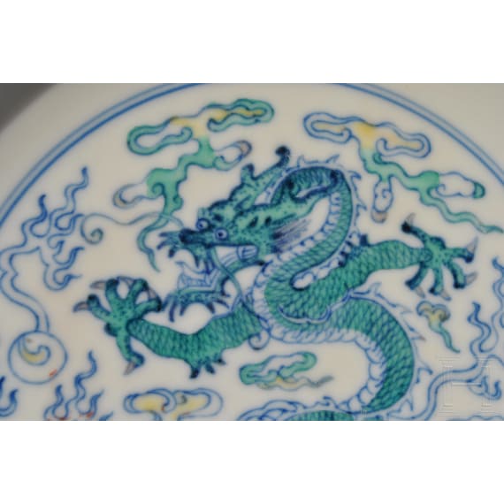 A Chinese Doucai-dragon dish with Yongzheng six-character mark, 20th century