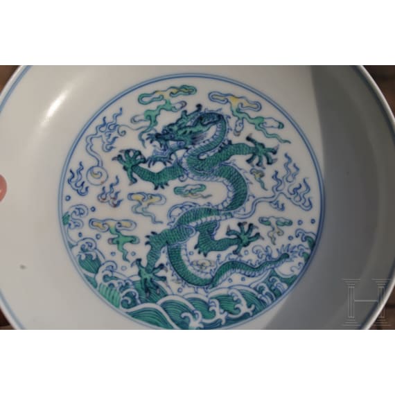 A Chinese Doucai-dragon dish with Yongzheng six-character mark, 20th century