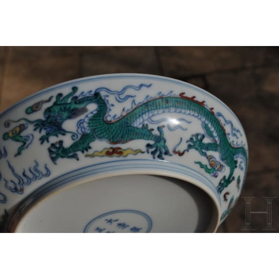 A Chinese Doucai-dragon dish with Yongzheng six-character mark, 20th century