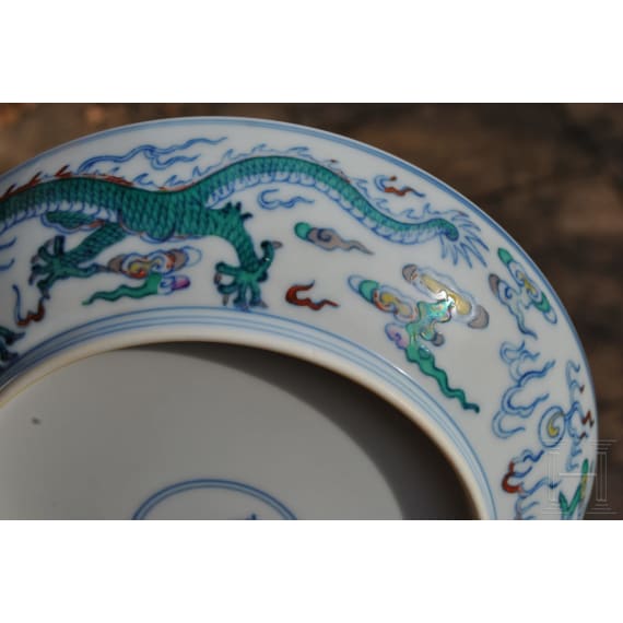 A Chinese Doucai-dragon dish with Yongzheng six-character mark, 20th century