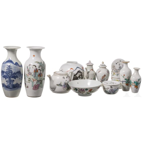 Eleven pieces of Chinese porcelain, famille rose, blue and white, 20th century