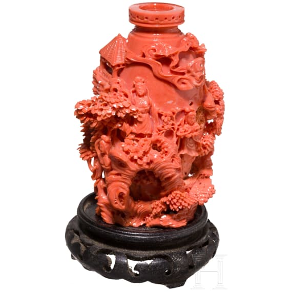 A carved Chinese figural coral flask, 20th century
