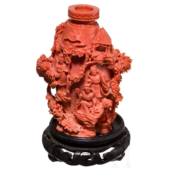 A carved Chinese figural coral flask, 20th century