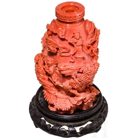 A carved Chinese figural coral flask, 20th century