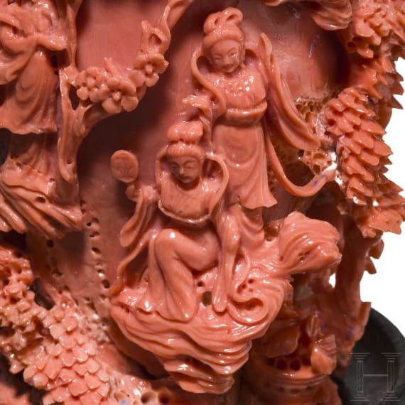 A carved Chinese figural coral flask, 20th century