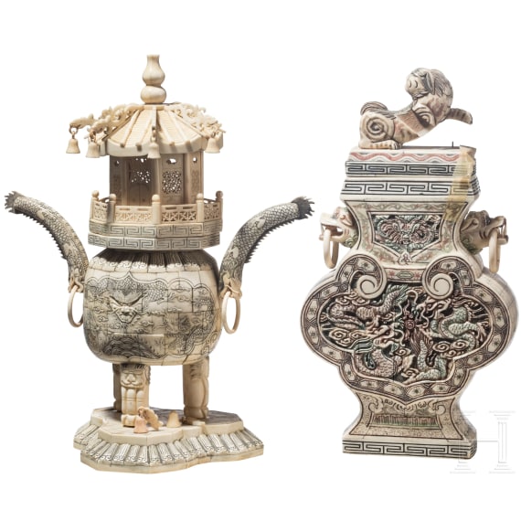 Two Chinese vases with bone attachments, 20th century