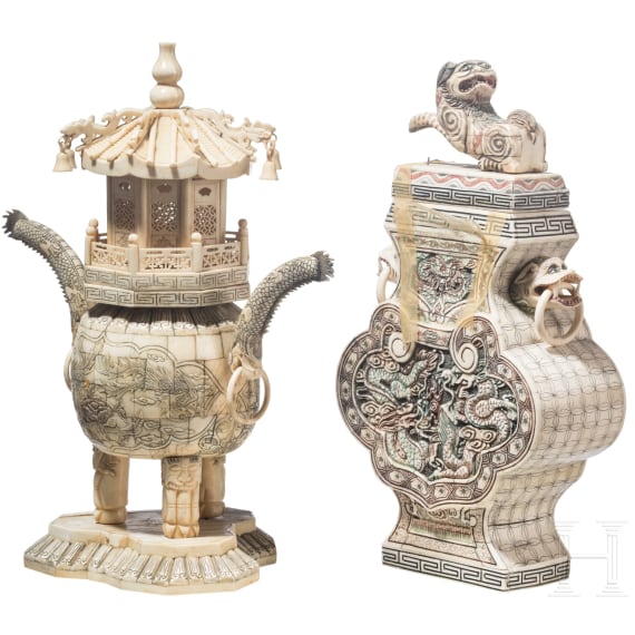 Two Chinese vases with bone attachments, 20th century