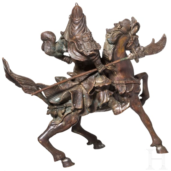 A Chinese bronze figure of a mounted warrior, circa 1900