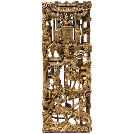 A figurally carved Chinese wood panel, probably Republic period (1912 - 1949)