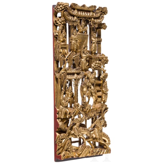 A figurally carved Chinese wood panel, probably Republic period (1912 - 1949)