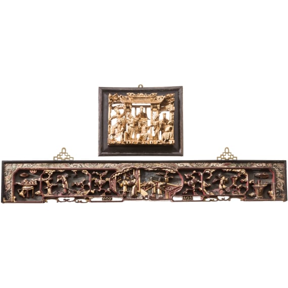 Two Chinese figurally carved and gilded wood panels, early 20th century