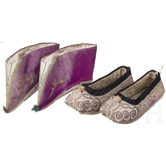 Two pairs of Chinese embroidered silk women's shoes, 19th century