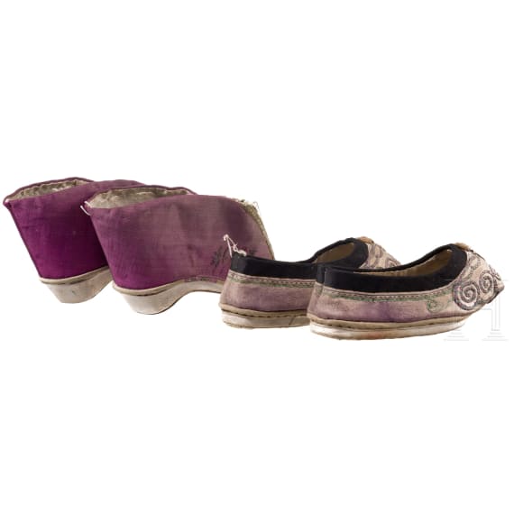Two pairs of Chinese embroidered silk women's shoes, 19th century