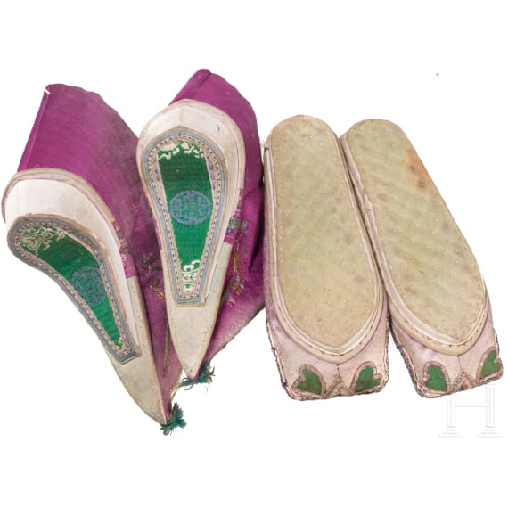 Two pairs of Chinese embroidered silk women's shoes, 19th century