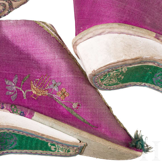 Two pairs of Chinese embroidered silk women's shoes, 19th century