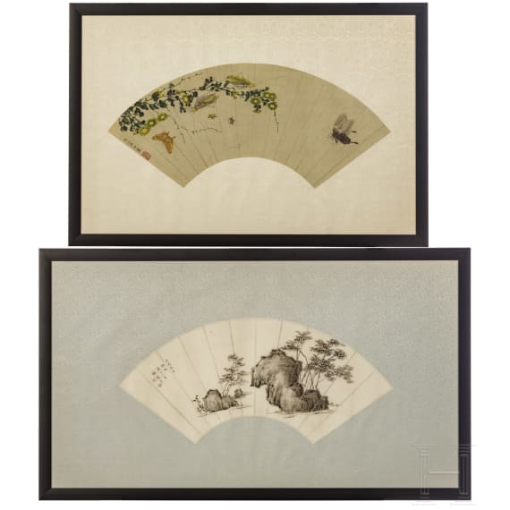 Two framed Chinese fans, probably late Qing Dynasty (early 20th century)
