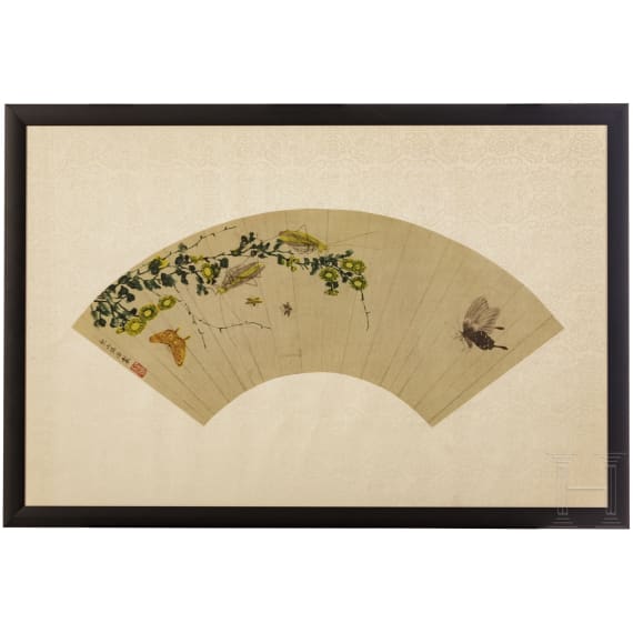 Two framed Chinese fans, probably late Qing Dynasty (early 20th century)
