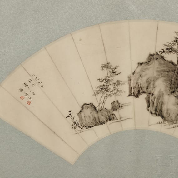Two framed Chinese fans, probably late Qing Dynasty (early 20th century)