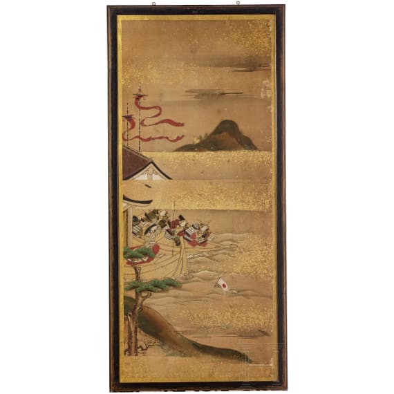 A big Japanese screen panel with samurai in a boat, Edo period (18th/19th century)
