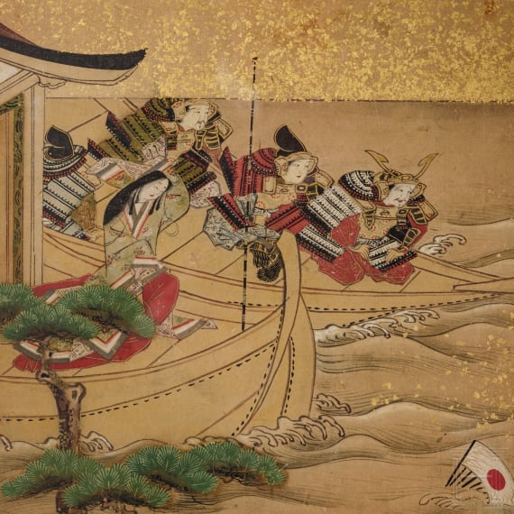 A big Japanese screen panel with samurai in a boat, Edo period (18th/19th century)