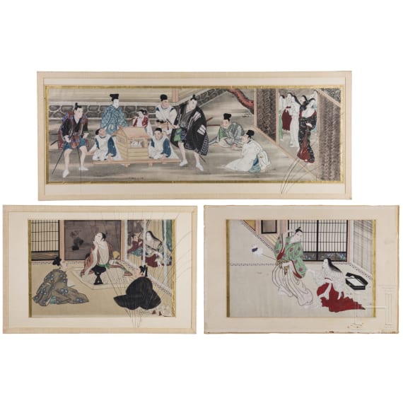 Three Japanese genre paintings, 19th century
