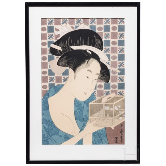 A Fukkoku reprint of a women with insect cage after a design by Kitagawa Utamaro (喜多川 歌麿, 1753 - 1806)