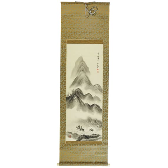 Kyoson Yano (1890 - 1965) - a Japanese scroll painting with samurai in a mountain landscape, 1930/40