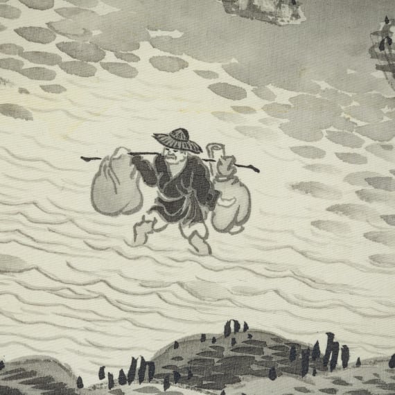Kyoson Yano (1890 - 1965) - a Japanese scroll painting with samurai in a mountain landscape, 1930/40