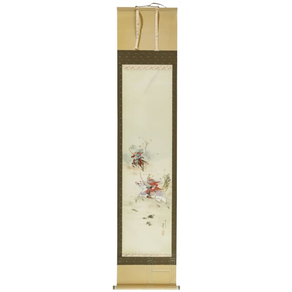 A Japanese scroll painting with horse-riding samurai, probably Shōwa period, 1926 - 1989, or earlier