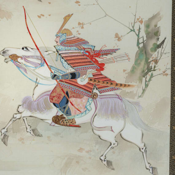 A Japanese scroll painting with horse-riding samurai, probably Shōwa period, 1926 - 1989, or earlier