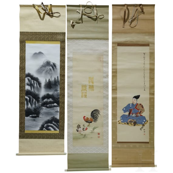 Three Japanese kakemono scroll paintings, Taisho period