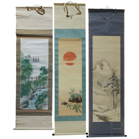 Three Japanese kakemono scroll paintings, Taisho period