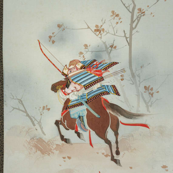 A Japanese scroll painting with horse-riding samurai, probably Shōwa period, 1926 - 1989, or earlier