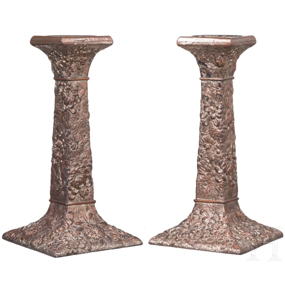 Two Japanese candlesticks decorated with flowers, circa 1900