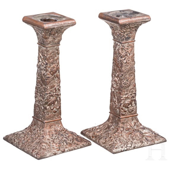 Two Japanese candlesticks decorated with flowers, circa 1900