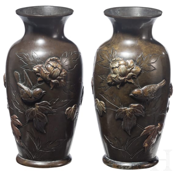 Two Japanese copper and silver inlaid bronze vases, Meiji period, late 19th century