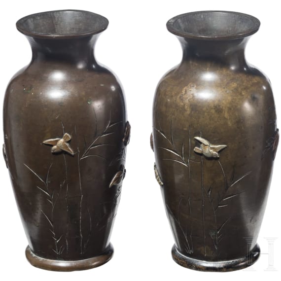 Two Japanese copper and silver inlaid bronze vases, Meiji period, late 19th century