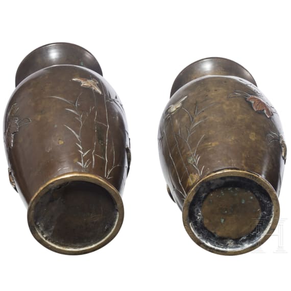 Two Japanese copper and silver inlaid bronze vases, Meiji period, late 19th century