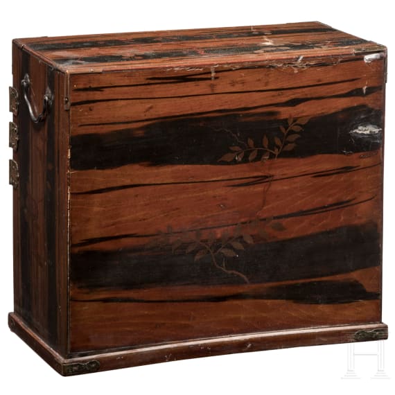 A Japanese cabinet with lacquer painting and a round jar, circa 1900