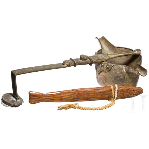 A Japanese sake pot and a carved fish, Meiji period