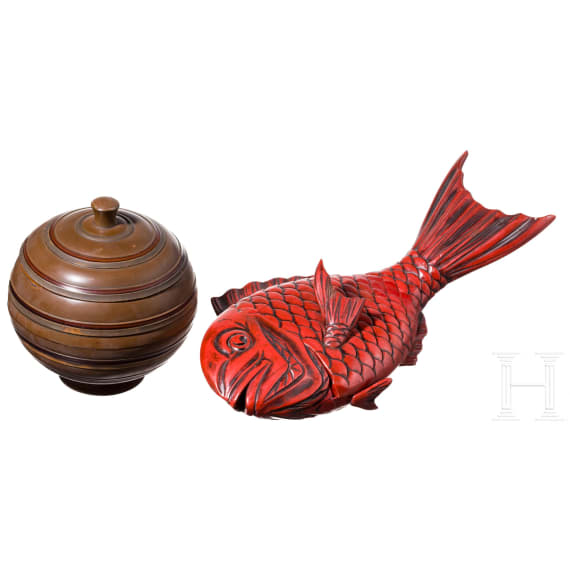 A Japanese lacquer box in the shape of a fish and a jubako (food carrier), probably Heisei period