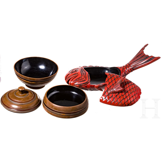 A Japanese lacquer box in the shape of a fish and a jubako (food carrier), probably Heisei period