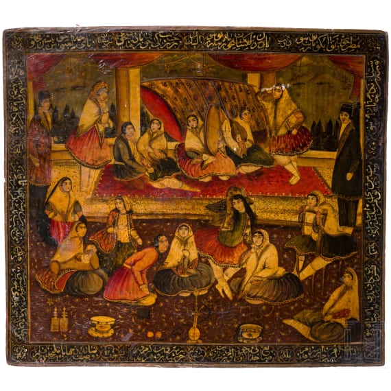 A Persian lacquer painting, Qajar period, 19th century
